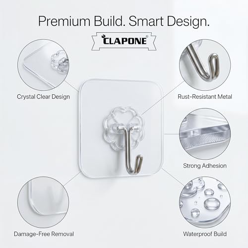 Image of CLAPONE Adhesive Hooks for Hanging /Wall Hook /Towel Coat Hooks /Without Drilling /Transparent Hook for Bathroom /Kitchen /Towel /Coat /Door /Outdoor Use /Wall /Home Improvement (Transparent, 30 Piece)