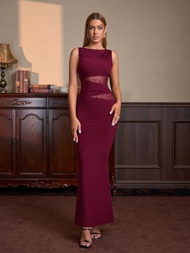 Image of EYNMIN Women's Lace Bodycon Maxi Long Formal Wedding Guest Prom Dresses | 2026 Elegant Dress,Cocktail,Dinner,Party,Evening,Birthday,Bridal Shower,Soft Stretchy Fabric,Fully Lined,Slim Fit,Sleeveless