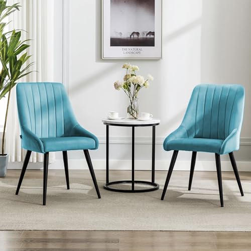 Image of Finch Fox Morris Velvet Dining Chair for Living Room, Bedroom, Home Office with Black Metal Legs in Light Blue Color (Set of 6)