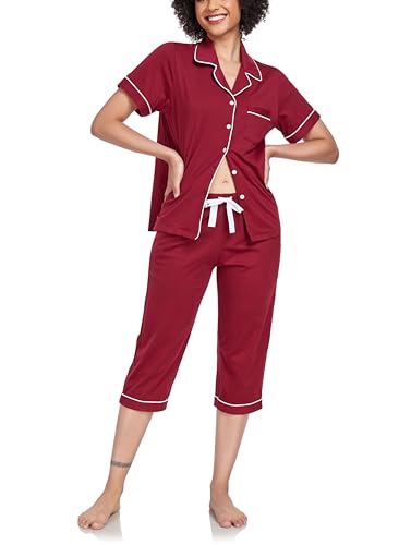 Image of COLORFULLEAF 100% Cotton Capri Pajama for Women Set Summer Short Sleeve Pj Sets for Women Cotton Sleepwear