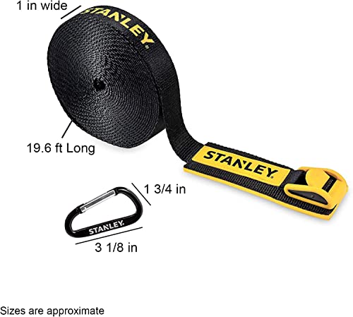 Stanley S4002 Black/Yellow 1" X 19.6' Cambuckle Tie Down Lashing Strap With Hooks - Heavy-Duty (Supports 1000 Lbs Of Cargo) #TOP3