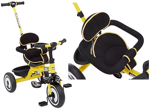 Image of Amazon Brand - Jam & Honey Tricycle for Kids | 2-in-1 with Pedalling and Parental Control Modes | Cushioned Seat | Guardrail & Anti-Slip Handle for Safety | for 2 Years+ Boys and Girls | Yellow