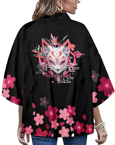 Image of LAI MENG FIVE CATS Women's Floral Print Loose Blouse Japanese Kimono Tops | Puff Sleeve,Cover up Top,Casual Cute Tops,Summer Cardigans 2026