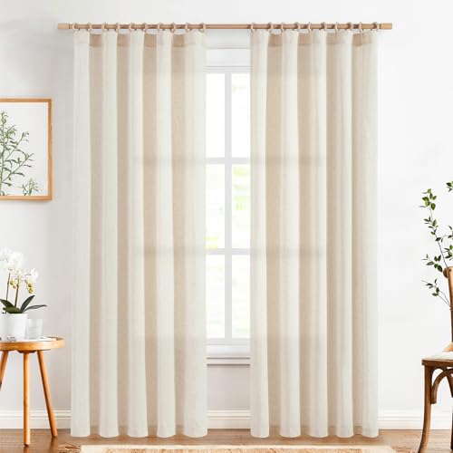 Image of jinchan Linen Curtains Light Filtering Back Tab 50x84 Inch 2 Panels Beige