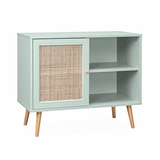 Alice's Home sweeek - Mueble de caña 80x39x65,8cm Bohème - Verde celadón - 2 Niveles - 1 Puerta - Patas escandinavas