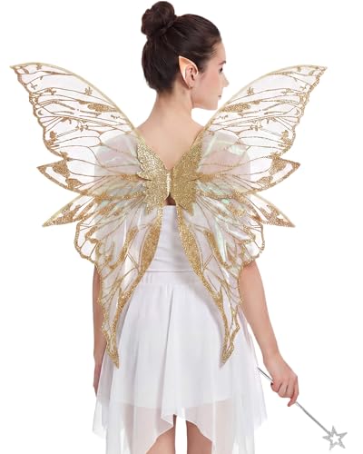 Kutyndrix Fairy Wings for Adult Women 3Pcs Fairy Costume Set with Butterfly Wings and Elf Ears for Halloween Cosplay (Gold)
