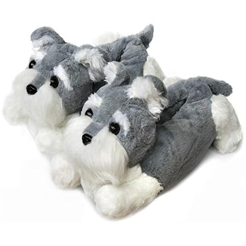 Novelty Animal Slippers for Men Women Ladies Furry Schnauzer Dog Slippers (UK Men Size 6-9, Grey) Cover
