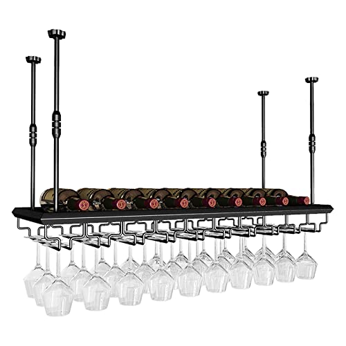 Botellero colgante de techo para copas de vino, estante de vino de hierro, altura ajustable, estante colgante negro, soporte para botellas de pared, perfecto para bar, cafetería, cocina, estantería