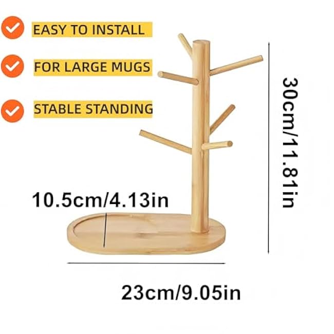 Wooden Non-Slip Coffee Mug Holders Tree with 6 Hooks,Decorative Mug Racks for Countertop, Natural Color