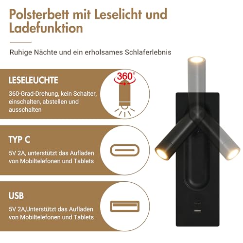 Bettanlage Schlafzimmer Komplett Set, Polsterbett Doppelbett 180×200 cm mit 2 Nachttischen und 4 Schubladen, Kopfteil Leselicht mit USB Ladefunktion, Grau, Samt (Ohne Matratze) – Bild 6