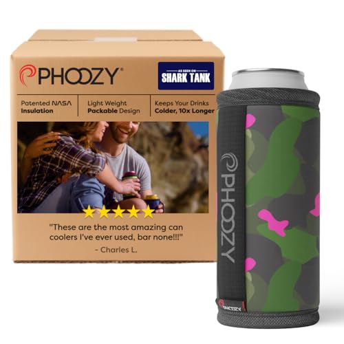 Image of PHOOZY Insulated Can Cooler for Slim 12 oz Cans - Patented Drink Sleeve with NASA-Inspired Technology - Keeps Beer, Soda & Sparkling Water Cold Longer - Lightweight Outdoor Can Holder - Pink Camo