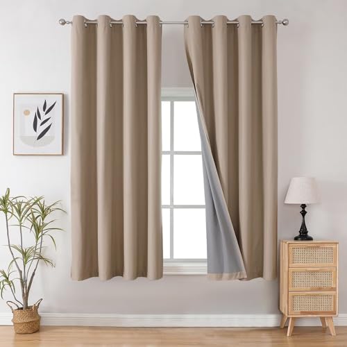 Image of Joydeco Taupe Curtains 63 Inch Length for Bedroom, Solid Blackout Curtains 63 Inch Length for Livingroom, Grommet Thermal Insulated Solid Polyester Room Darkening Curtains 63 Inches Long