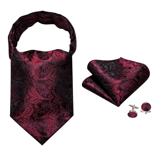 Image of Barry.Wang Ascot Ties Cravat Tie Men Paisley Plaid Scarf Self Tie Pocket Square Cufflinks Set Wedding Party