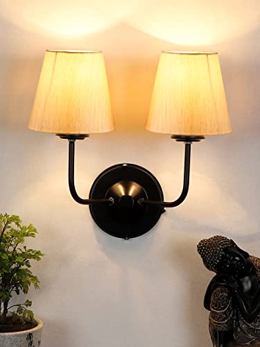Image of Dual Wall Sconce Wall Lamp (H-10 Inches, Beige) for Living Room /Bedroom, Hall, Study, Kids Room, Home Office, Balcony Decor | Black Metal Finish, Modern Indoor Wall Night Ambient Lighting