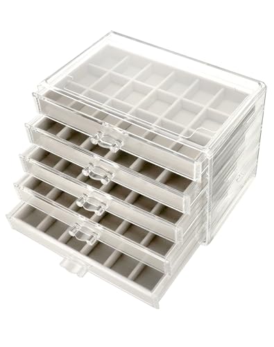 QWORK® Boîte à bijoux en acrylique, avec 5 tiroirs, organisateur de bijoux, rangement de bijoux transparent, gris