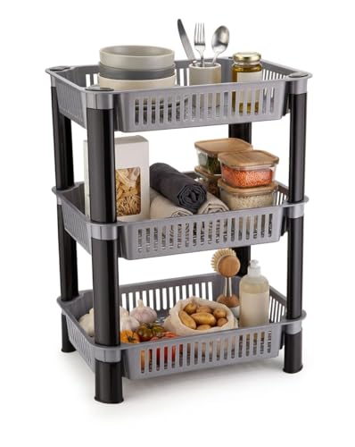 Image of U-Max Multi Tire Kitchen Storage Rack, Plastic Utility Shelf Organiser, Space Saving Storage Solution, Revolving Vegetable Rack (Silver-Regular, 3)