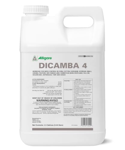Alligare Dicamba 4 for Corn Soybean Cotton Sugarcane Turf & More - Powerful Weed Control - Water-Soluble Dicamba Herbicide Effective on Broadleaf Weeds - Ground & Aerial Application - 2.5 Gallons