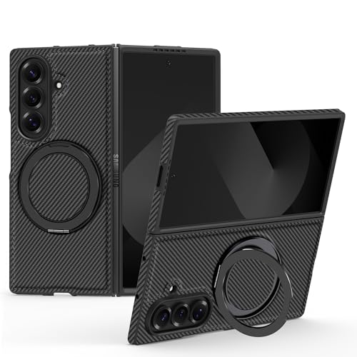 LHNUNP Magnetic for Samsung Galaxy Z Fold 7 Carbon Fiber Case with Stand, [Compatible with MagSafe] Aramid Fiber Twill 360° Rotation Kickstand Thin PC Shockproof Case, Black