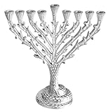 Ner Mitzvah Tree of Life Hanukkah Menorah, Fits All Standard Chanukah Candles, Antique Silver Candle Menorahs for Chanukah - Hammered Design