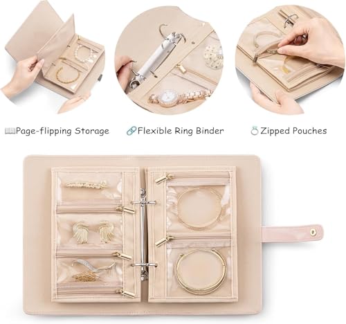 Image of Dangfly Travel Jewelry Organizer Book - Waterproof Leather Foldable Case with Adjustable Ring Binder & Transparent Pouches for Necklaces, Earrings, Bracelets, Rings - Gift for Women (1Pcs)