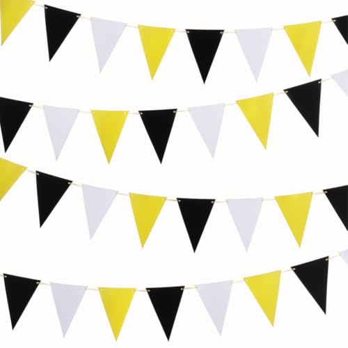 Image of MOWO Yellow Black White Pennant Banner Paper Bunting, 30 Counts, 20 feet | Hanging Decoration, For Birthday Graduation Mother to Bee Party
