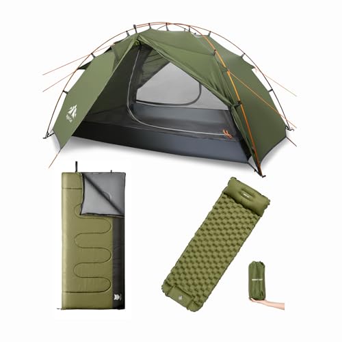 Night Cat Backpacking Tent with Inflatable Sleeping Pad Sleeping Bag for 2 Persons Outdoors Easy Clip Setup Tent Camping Combo Set