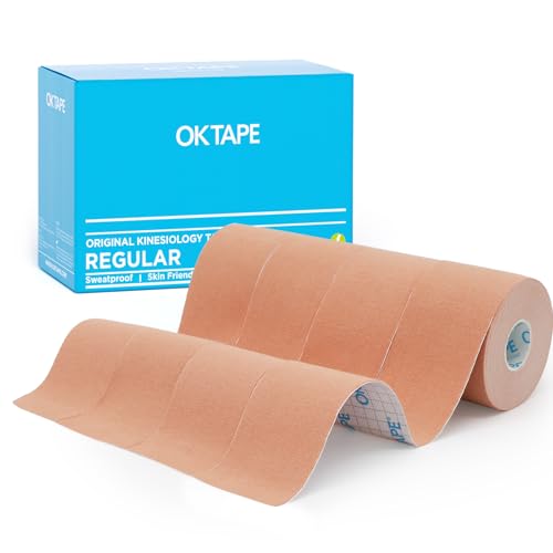 Image of OK TAPE Kinesiology Tape (4 Pack) Latex Free Cotton Uncut 2in x 16.4ft | Regular Original Elastic Water Resistant Therapeutic Athletic Tape for Support Muscle Joint Knee Injury Recovery Beige