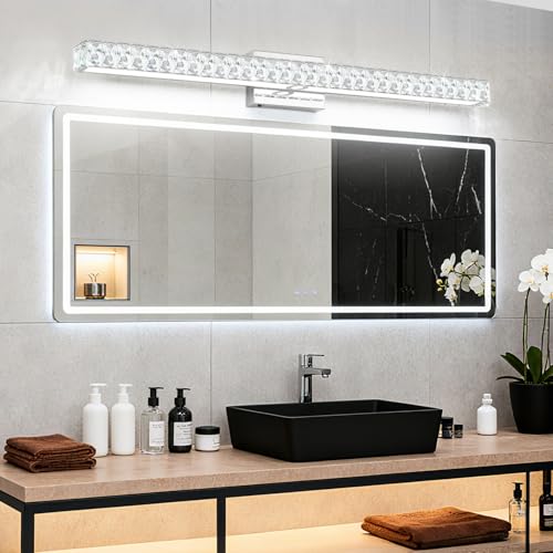 Image of SOLFART LED Modern Bathroom Vanity Lights Over Mirror, Crystal Bathroom Light Fixtures, 40 Inch LED Chrome Vanity Light Wall Light