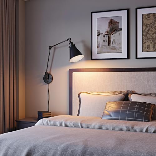 Image of Plug in Wall Sconces Set of Two, Black Swing Arm Wall Lamp with 6.6FT Plug-in Cord and Knob Switch, Metal Wall Lights for Bedroom, Reading, Study Room, Office, Living Room (2 Pack)