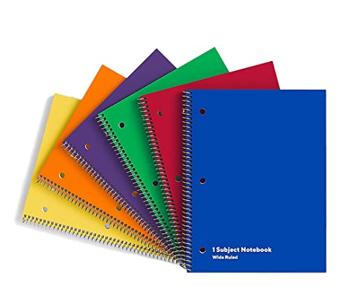 Spiral Notebook, 1 Subject, Wide Ruled Paper Notebooks, 8" x 10.5” Inch - 70 Sheets (140 Pages) Lined Paper Journal Notebooks for Work, College School Supplies | Bright Assorted Colors - 6 Pack