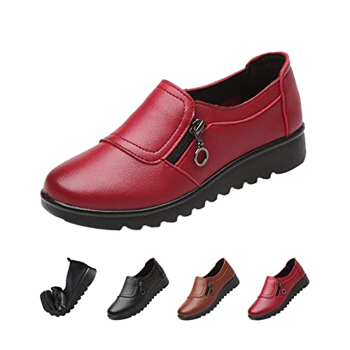 Women's Lightweight Nursing Shoes,Casual Comfort Softsole Side Zipper Orthotic Slip On Waterproof Work Wedge Shoes (7,Red)