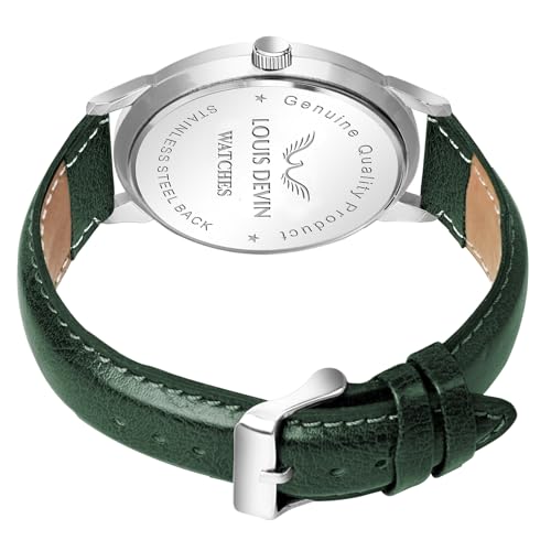 Image of LOUIS DEVIN Black /Blue /Brown /Green Leather Strap Analog Wrist Watch for Men (Black /Blue /Brown /Green /White Dial) | LD-GR079
