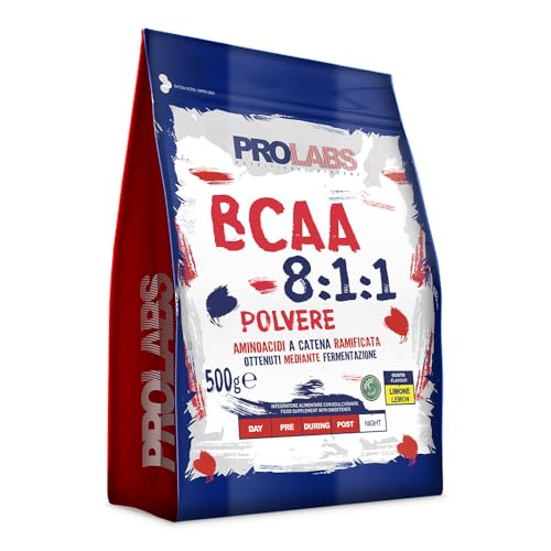 PROLABS – Bcaa Aminoacidi Ramificati Polvere 8.1.1, Amminoacidi 100% Vegan con Vitamina B6, B1 e L-Leucina (8 parti) Crescita e Recupero Post, Intra e Pre Workout, Integratore Sportivi, Limone, 500g
