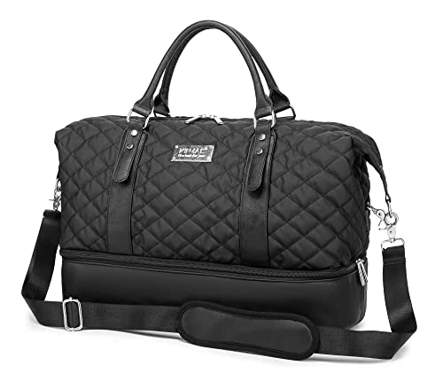 Kinmac Women's Travel Duffel Bag,Sports Gym Yoga Duffel Bag Weekender Overnight Totes Bag (Black Embroider)