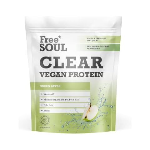 Clear Vegan Protein Powder | Fortified with Vitamin C and The Entire Vitamin B Complex | Delicious with Only 49 Calories, 0.3g Sugar and 0.05g Fat | 20 Servings | UK Made by Free Soul (Green Apple) Cover
