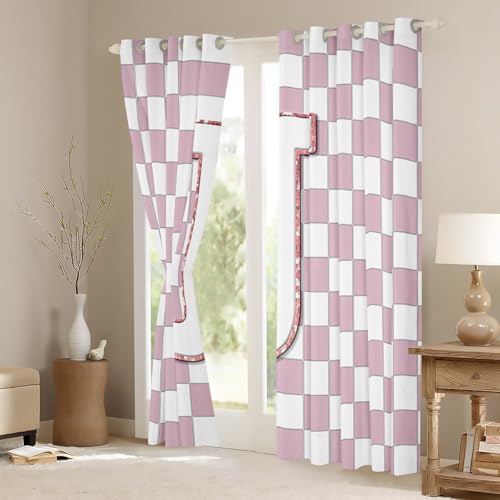 Image of Erosebridal Pink Initial J Window Curtains 42 inch Wx63 L Kawaii Plaid Checkered Blackout Curtains for Kids Girls Bedroom,Cute Personalized Monogram Window Treatments Grids Gingham Drapes Decor 2 Panels