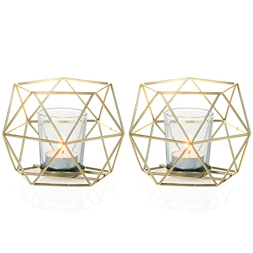 2 Pcs Gold Geometric Tealight Candle Holders with Glass Votive Cups, Wedding Reception Decor for Table Centerpiece, Metal Iron Wire Tea Light Candlestick Holder for Pillar Candles