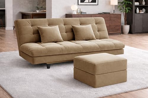 Image of Rosebell Modern Three-Seater Sofa Cum Bed - Foldable Velevt Fabric Sofa, Foam Seating, Stylish Design for Living Room, Guest Room & Office-Golden