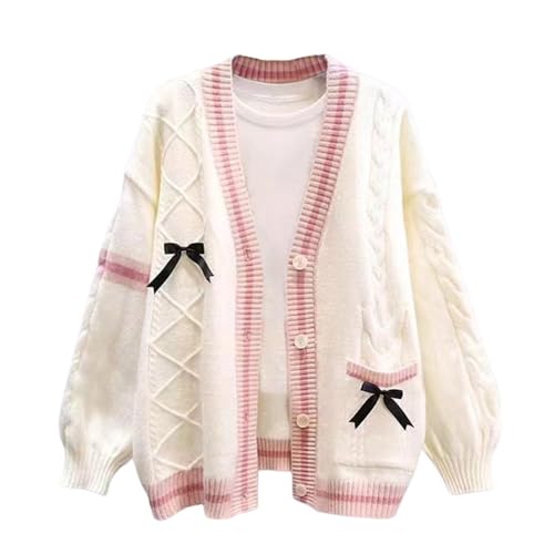 FindThy Damen Kawaii JK Schuluniform Strickjacken Langarm Knopfleiste Cardigan mit Pinned Bowknot, Beige, Einheitsgröße