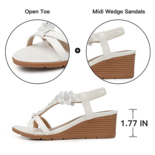 TEMOFON Women's Low Wedge Heels Summer Dressy Platform Sandals Elastic Ankle Strap Open Toe Flower Shoes White Size 8