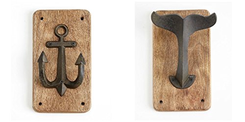 Mud Pie Whale Tail and Anchor Nautical Wood Plaque with Iron Hooks 8 Inches  