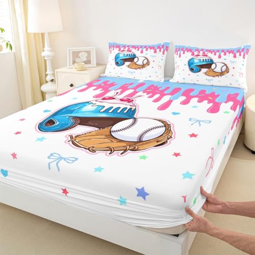 Image of Castle Fairy Baseball Cap Bed Sheets Queen Size,Ice Cream Cherry Dessert Bedding Set, Game Sports Graffiti Boys Girls Room Decor,Bule Sheet(Fitted+Flat+2 Pillowcases)