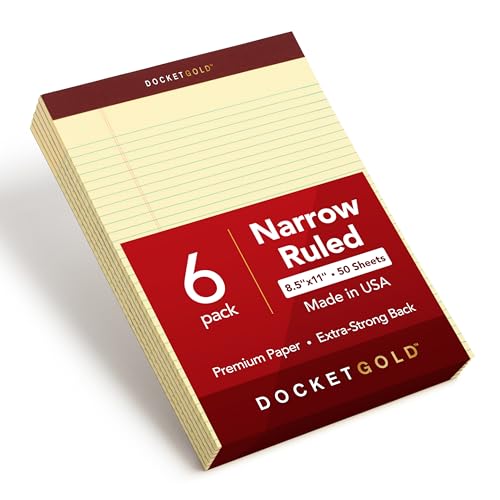 TOPS 8.5 x 11 Legal Pads, 6 Pack, Premium Docket Gold Brand, Narrow Ruled, Thick Yellow Paper, Sturdy Back, 50 Sheets, Made in USA (63941)
