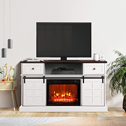 Lghm White Fireplace Tv Stand For 65 Inch Tv, Entertainment Center With 23" Electric Fireplace, 58" Farmhouse Tv Stand With Sliding Barn Door, Ideal Media Storage With Slip Drawer For Living Room #TOP1