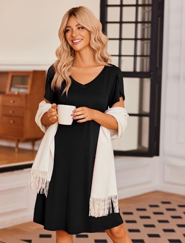 Ekouaer Womens Nightgown Short Sleeves Sleepwear V Neck Nightgowns for Women Petal Sleeves Houses Dress Sleepshirt S-XXL3