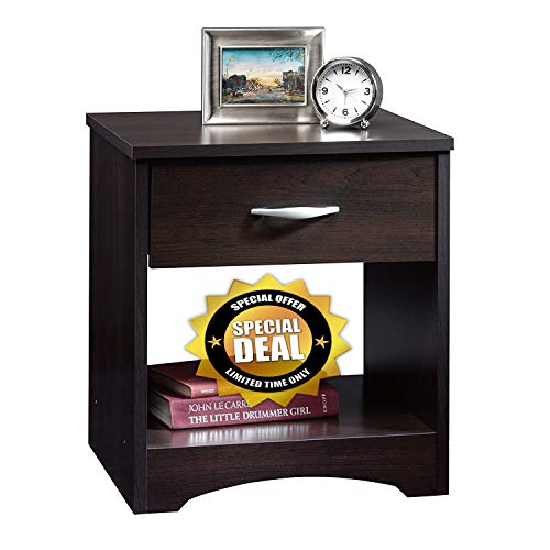 Image of STRATA FURNITURE Sheesham Wood Bedside Table with Drawer and Shelf Storage Wooden Night Stand for Bedroom Living Room Home (Dark Brown Finish)