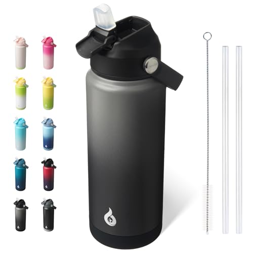 Image of BJPKPK Water Bottle with Straw Lid, 24oz Vacuum Insulated Water Bottles, Metal Stainless Steel Thermo for Sports, Travel, BPA Free Leak Proof Thermo, Cups, Flasks, Tumblers,Black Grey