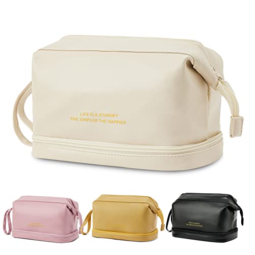 Large Makeup Bag, Double Layer Cosmetic Travel Bag, Waterproof Leather Makeup Bag for Women and Girls, Travel Makeup Organizer Bag Portable Leather Toiletry Bag, Roomy Cosmetic Travel Bag (White)