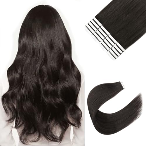 Image of Sixstarhair Off Black Tape In Hair Extensions Black Brown Hair Extensions For Women Seamless Tape In Extensions Remy Human Hair 20 Pieces 50g per Pack [Color 1B 16inch]