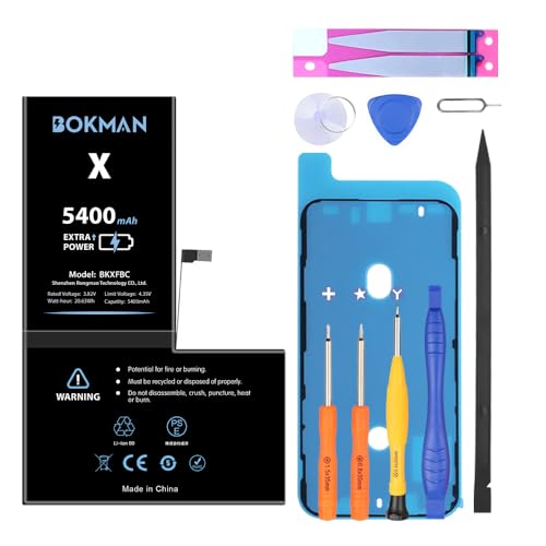 bokman Batería para iPhone X, Batería de Polímero de Iones de Litio 5400mAh de Alta Capacidad de 3,82v con Kit de Herramientas y Tiras Adhesivas